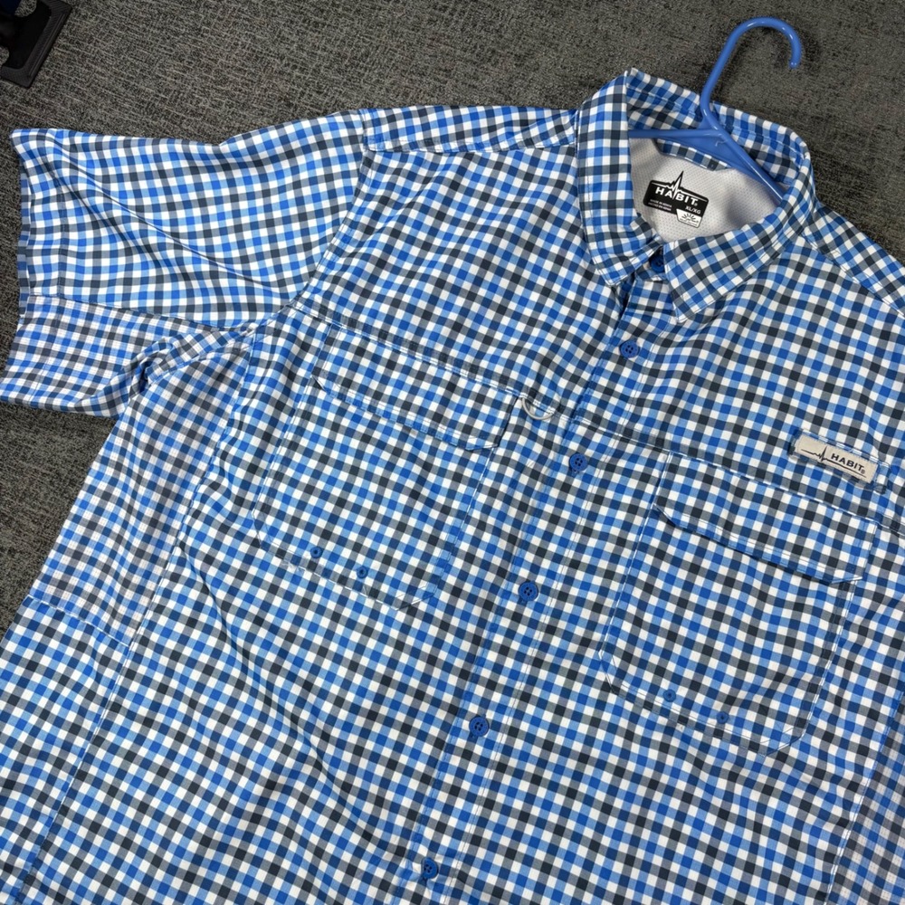 Habit Fishing Shirt Mens XL Blue Gingham Short Sleeve UPF Ventilated Button Down